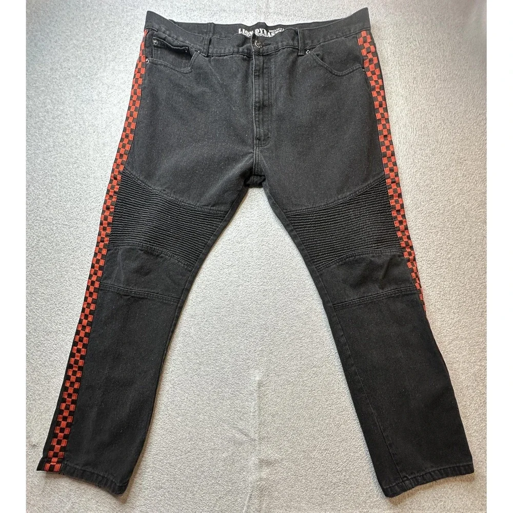 Lion Dynasty Jeans Mens 42x30 Black Denim Moto Biker Ribbed Red Checkered Stripe